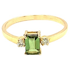 14K Yellow Gold Emerald Cut Green Tourmaline and Diamond Ring