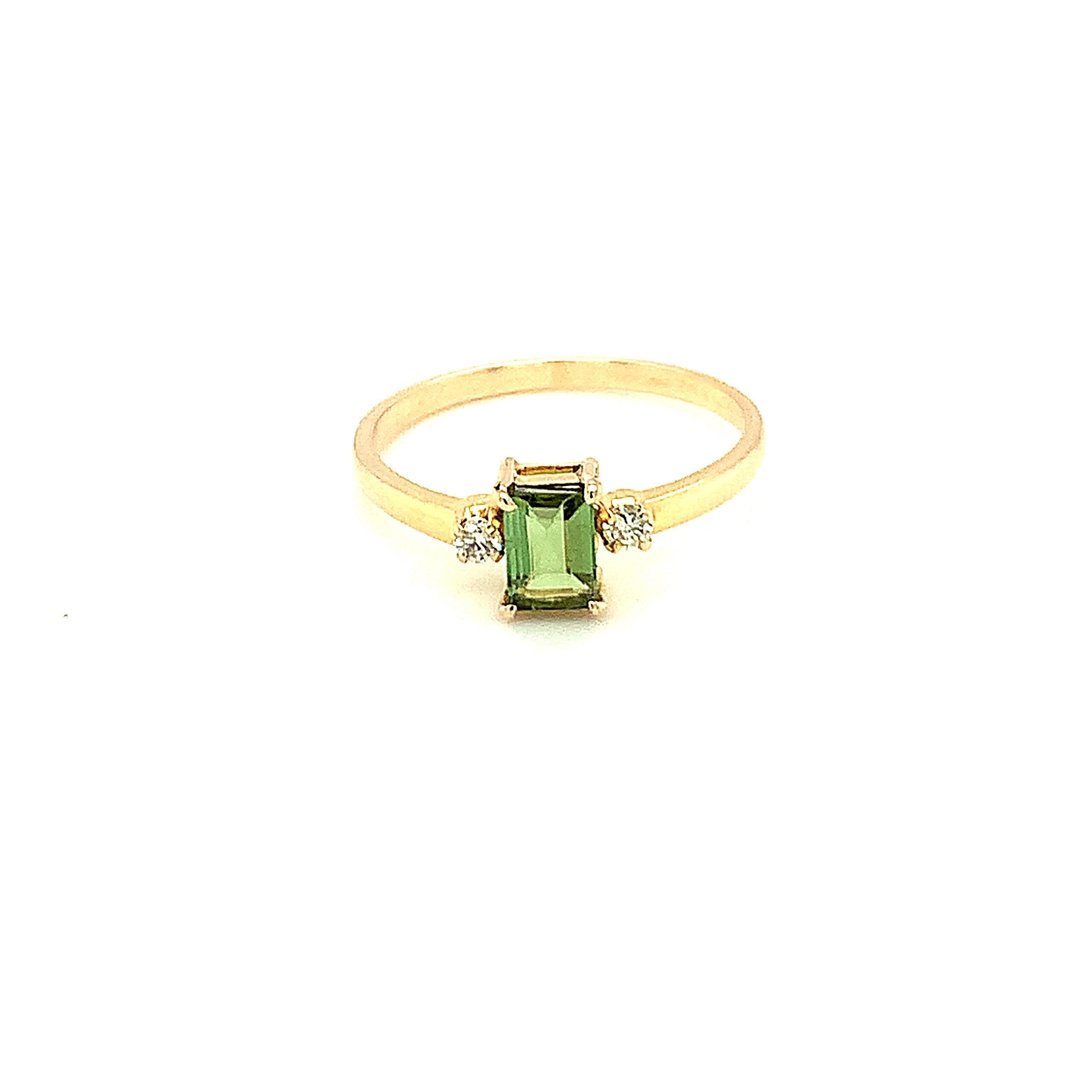 Artisan 14K Yellow Gold Emerald Cut Green Tourmaline and Diamond Ring For Sale