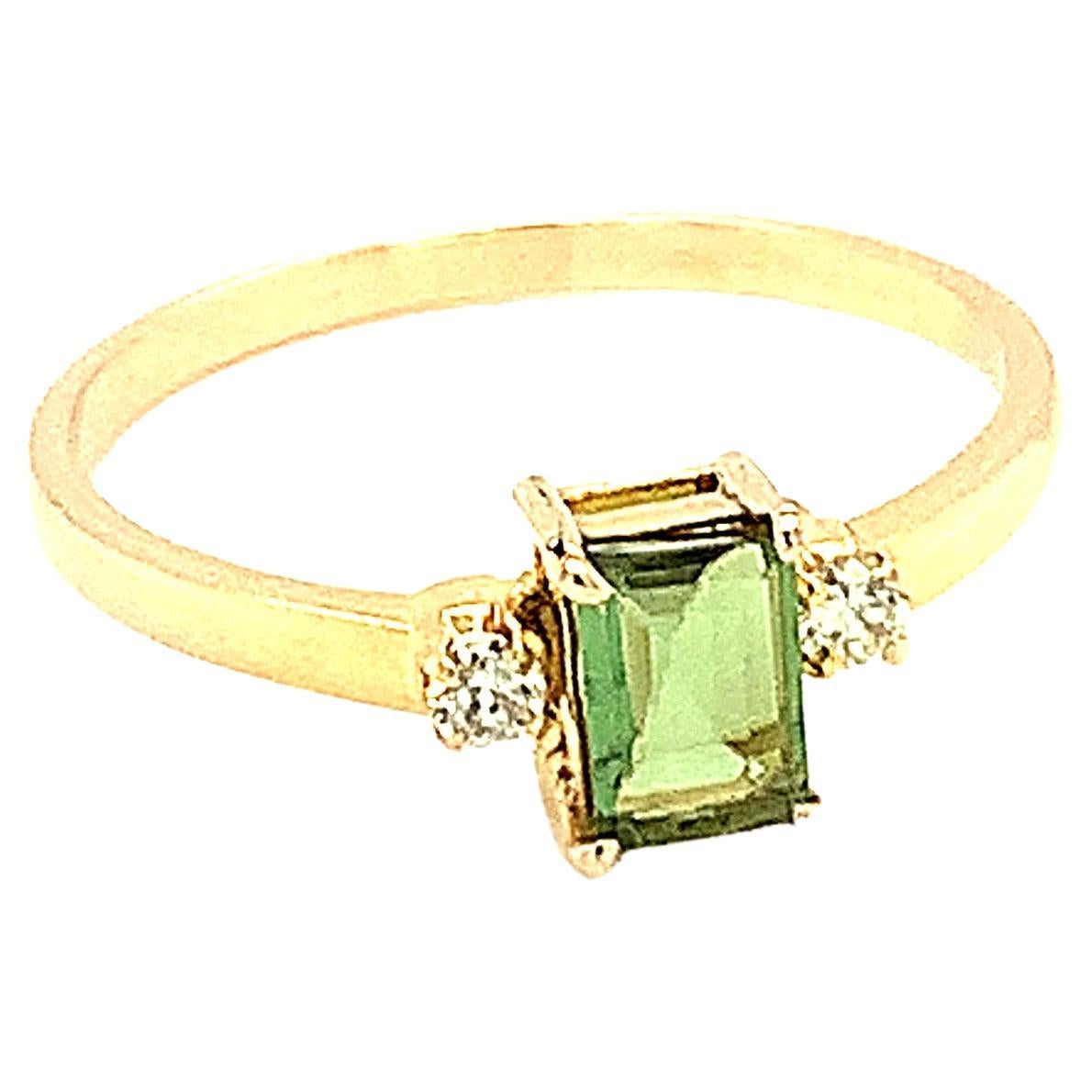14K Yellow Gold Emerald Cut Green Tourmaline and Diamond Ring For Sale