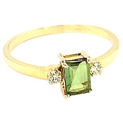 14K Yellow Gold Emerald Cut Green Tourmaline and Diamond Ring