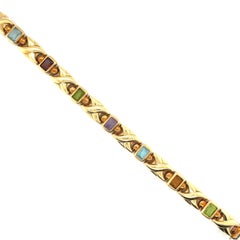 14K Yellow Gold Emerald Cut Multi Color Gemstone Link Bracelet