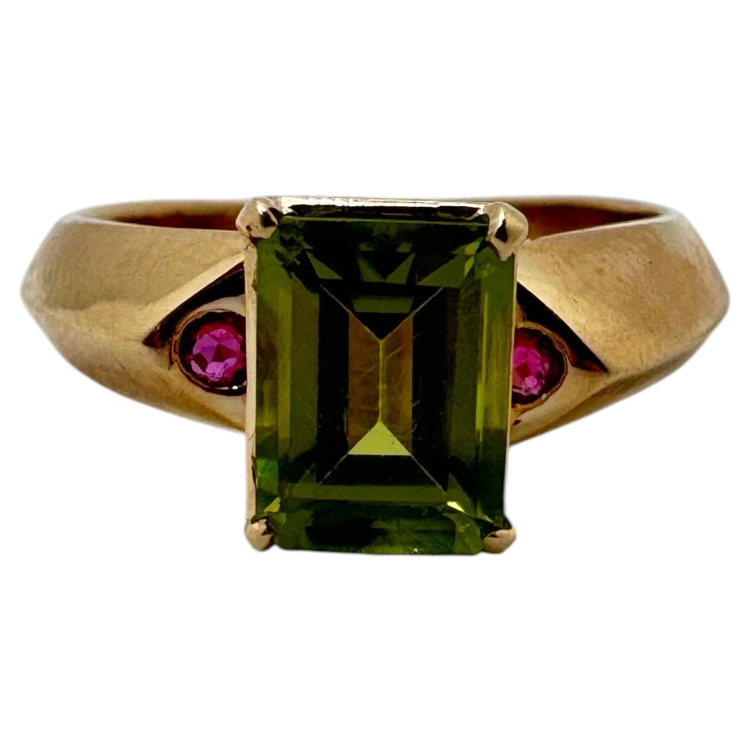 14K Yellow Gold Emerald Cut Peridot and Ruby Accent Ring, 3.50ct