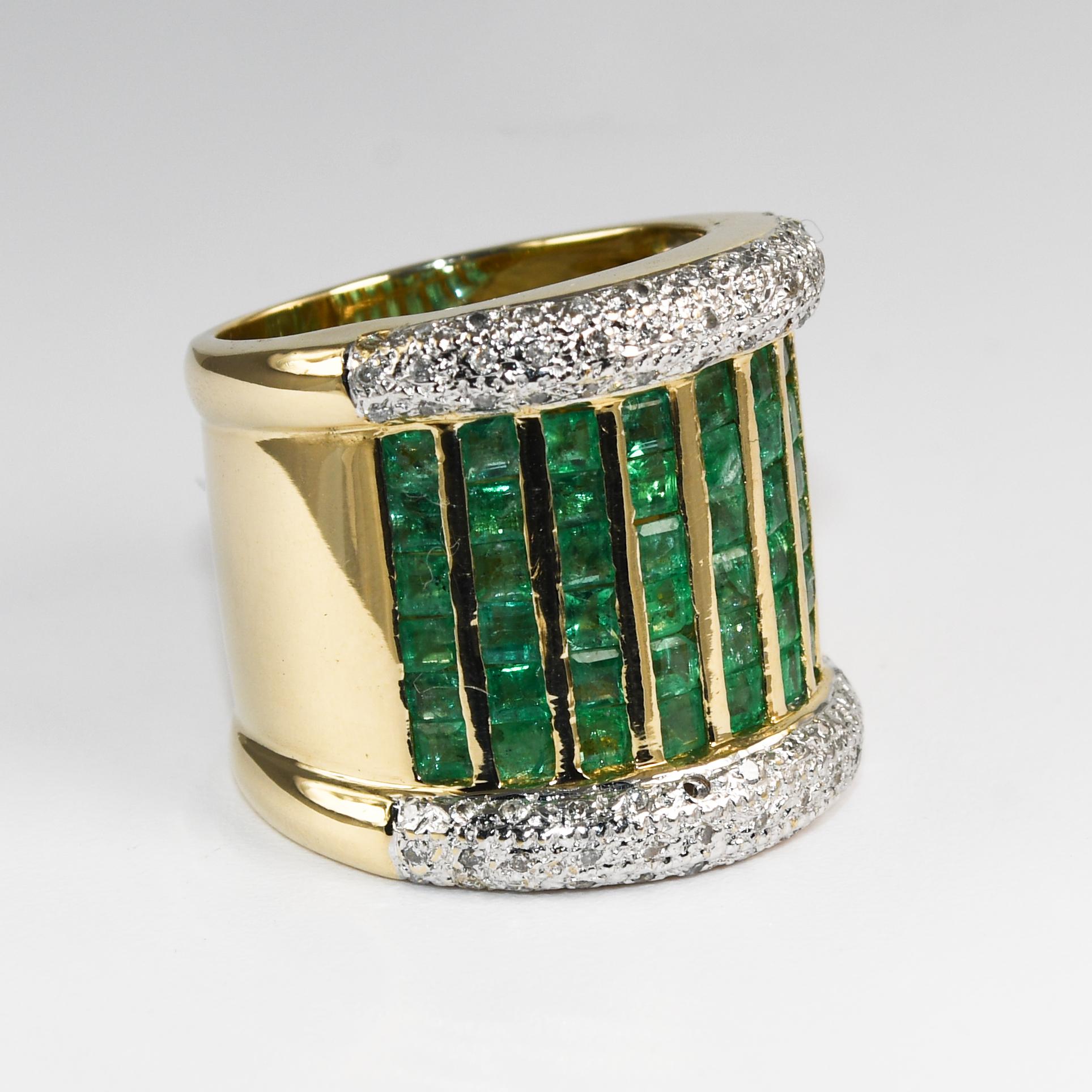 Ladies 14k yellow gold emerald and diamond cocktail ring.
Tests 59% gold using an XRF metals analyzer and weighs 12.9 grams.
The natural emeralds are square in shape, 1.50 total carat weight.
The tiny side diamonds are round, 0.20 total carats.
The