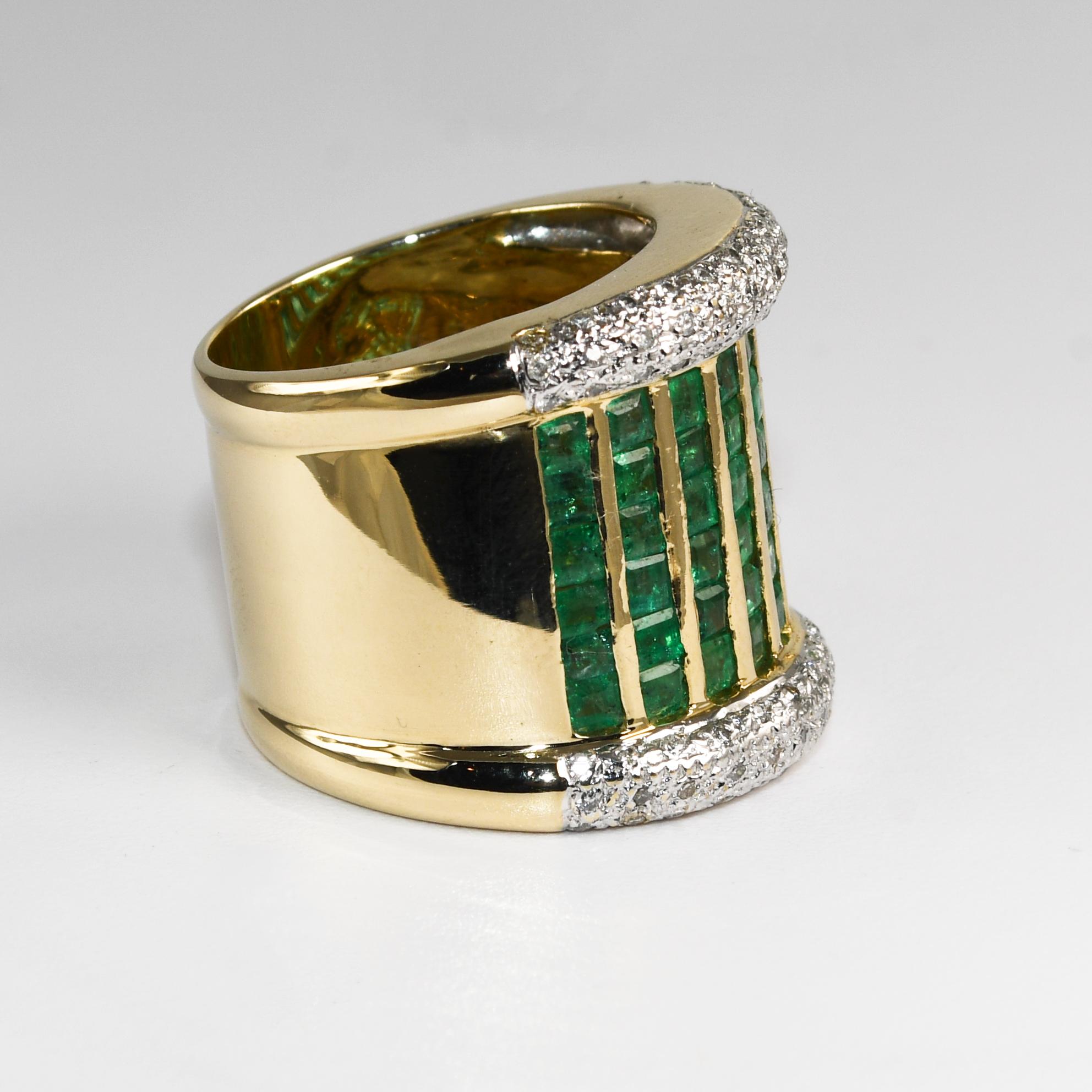 Square Cut 14K Yellow Gold Emerald & Diamond Band Ring 12.9g