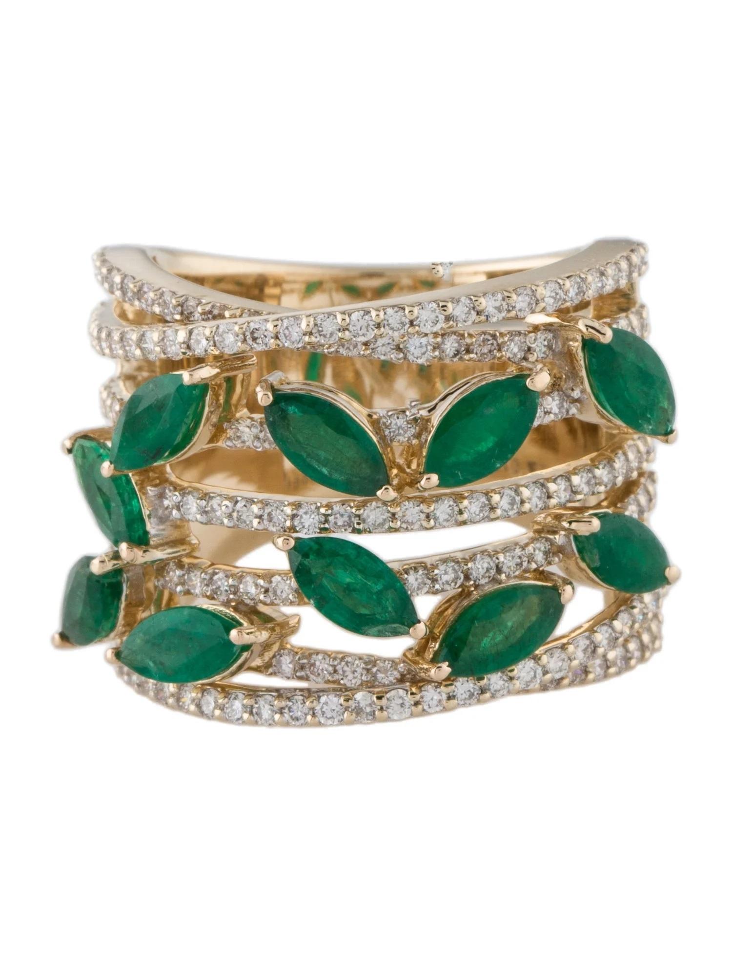 Artist 14K Yellow Gold Emerald & Diamond Band, Size 6.5, Marquise Brilliant Emerald For Sale
