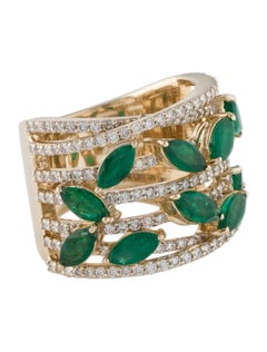 14K Gelbgold Smaragd & Diamant Band, Größe 6,5, Marquise Brillant Smaragd