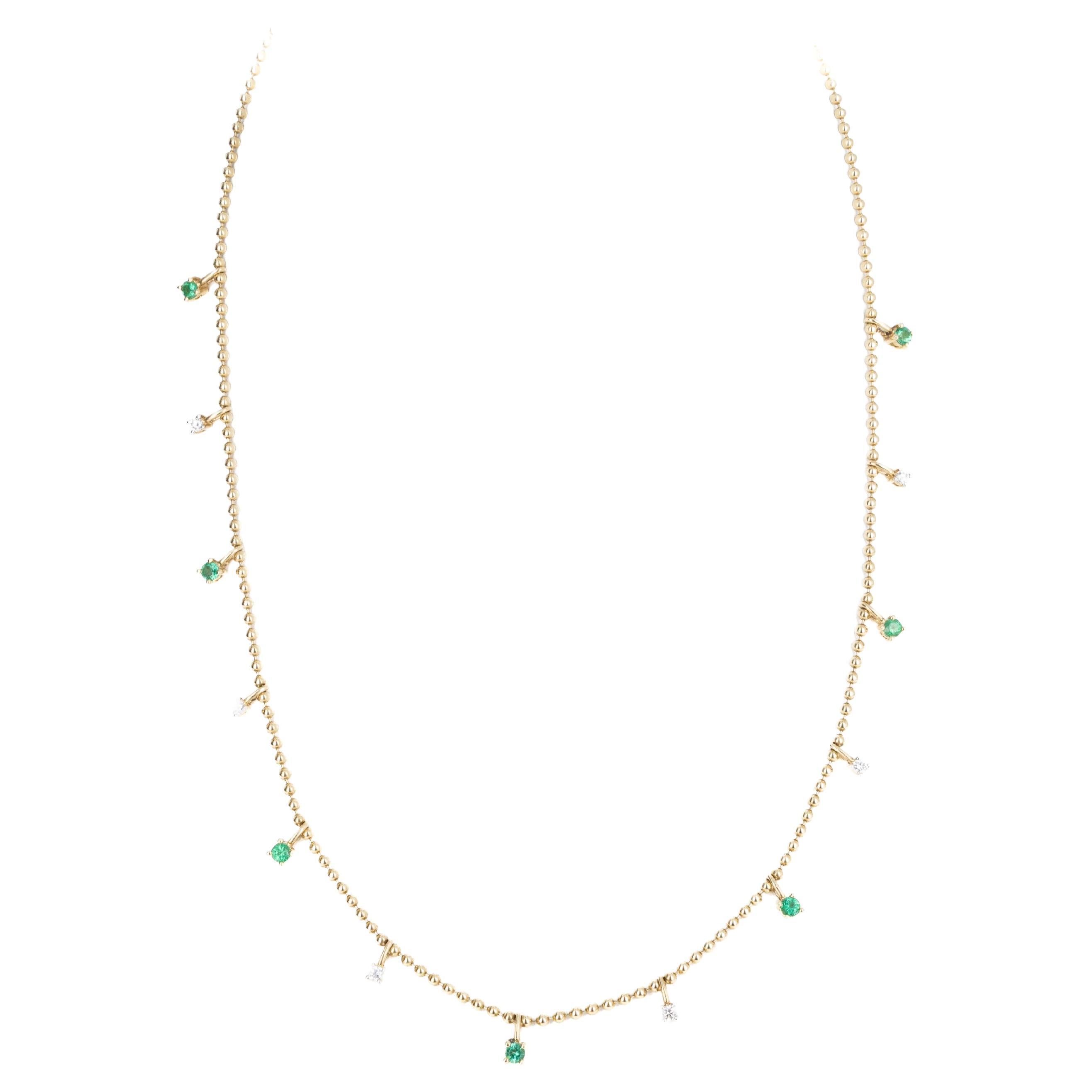 14K Yellow Gold Emerald Diamond Bead Necklace