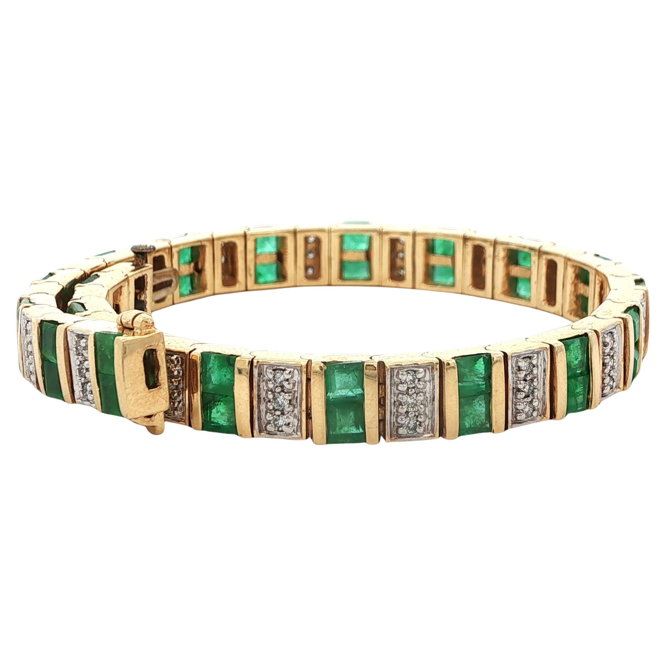 Bracelet en or jaune 14k avec émeraudes et diamants Ca. 1980