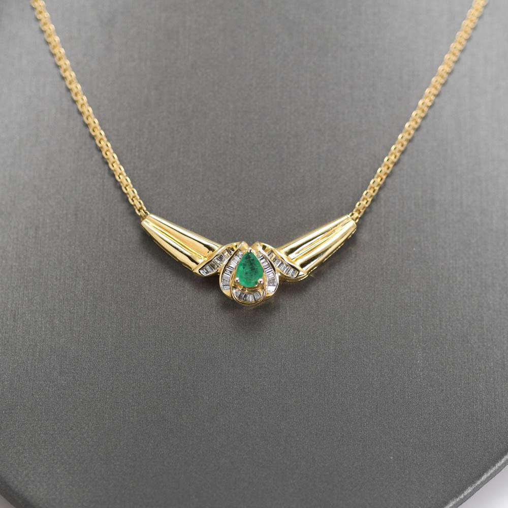 14K Yellow Gold Emerald & Diamond Chain Necklace, 8.9gr For Sale 1