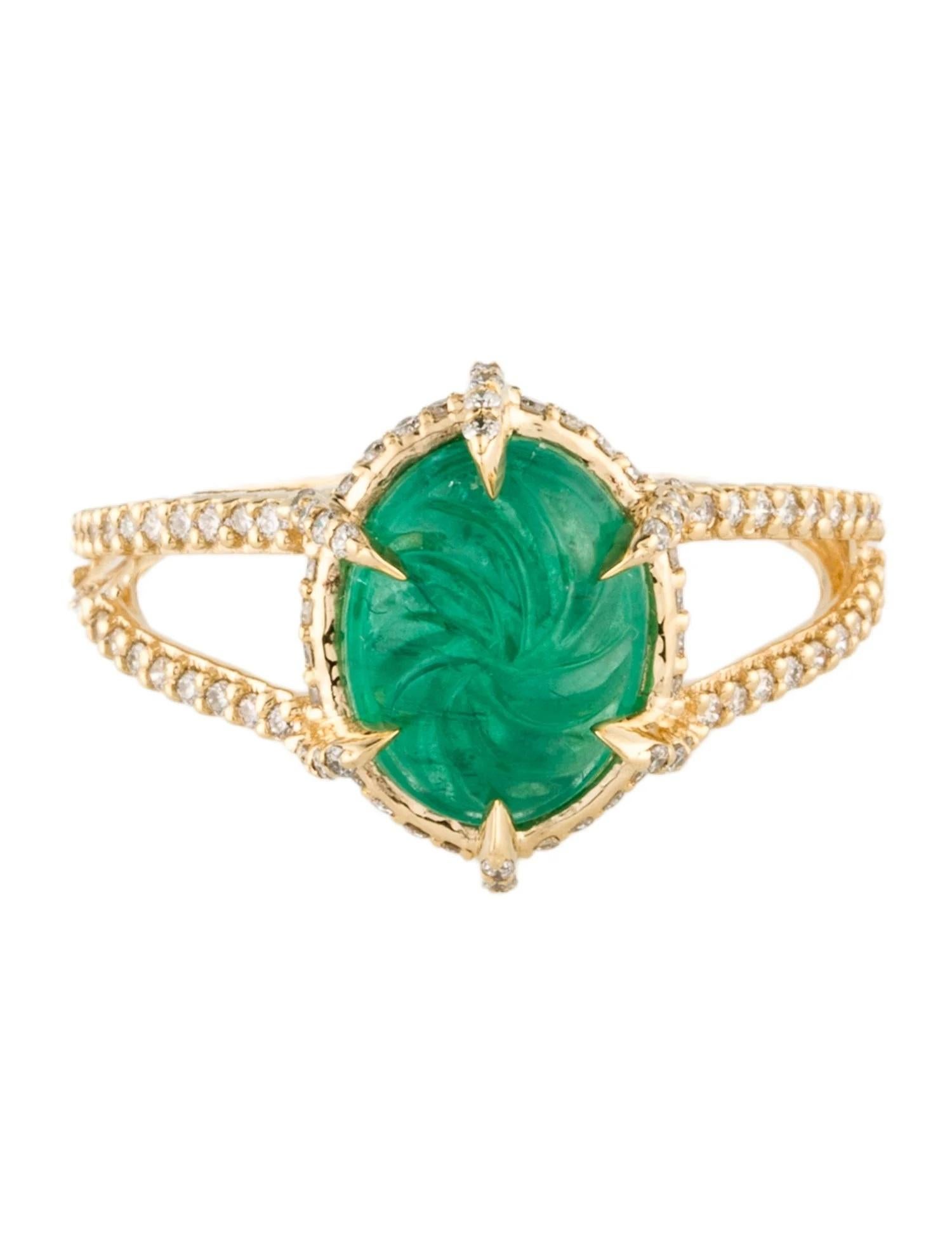 Artist 14K Yellow Gold Emerald & Diamond Cocktail Ring, Size 7  Carved & Oval Emerald