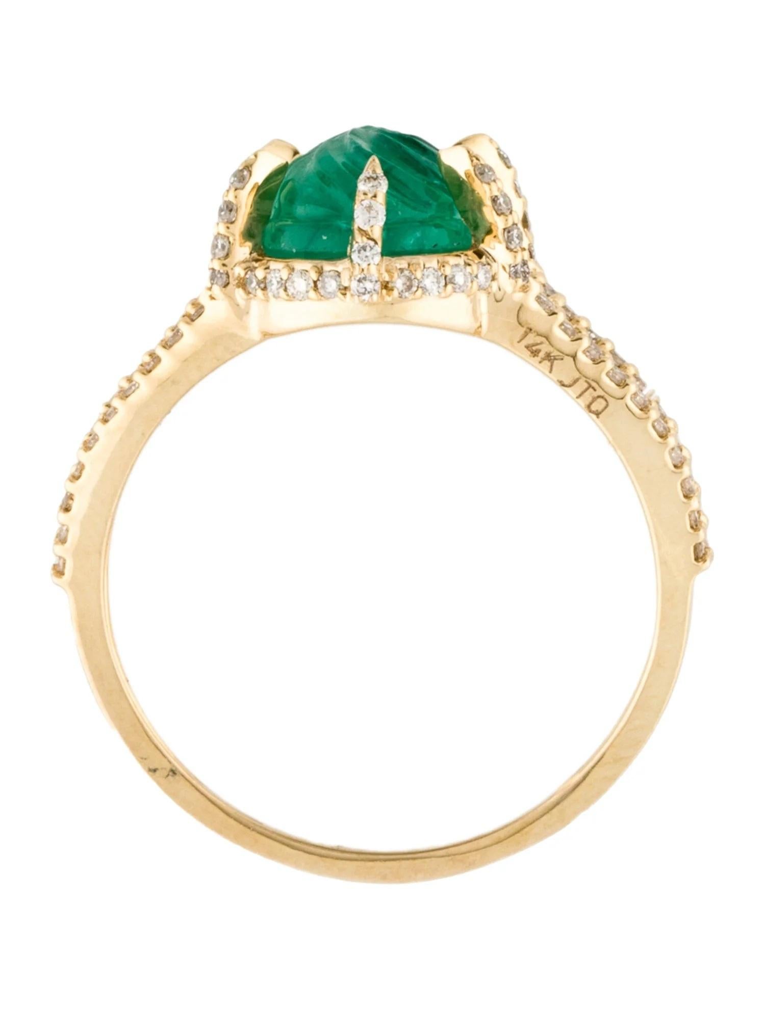 14K Yellow Gold Emerald & Diamond Cocktail Ring, Size 7  Carved & Oval Emerald In New Condition In Holtsville, NY