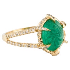 14K Yellow Gold Emerald & Diamond Cocktail Ring, Size 7  Carved & Oval Emerald