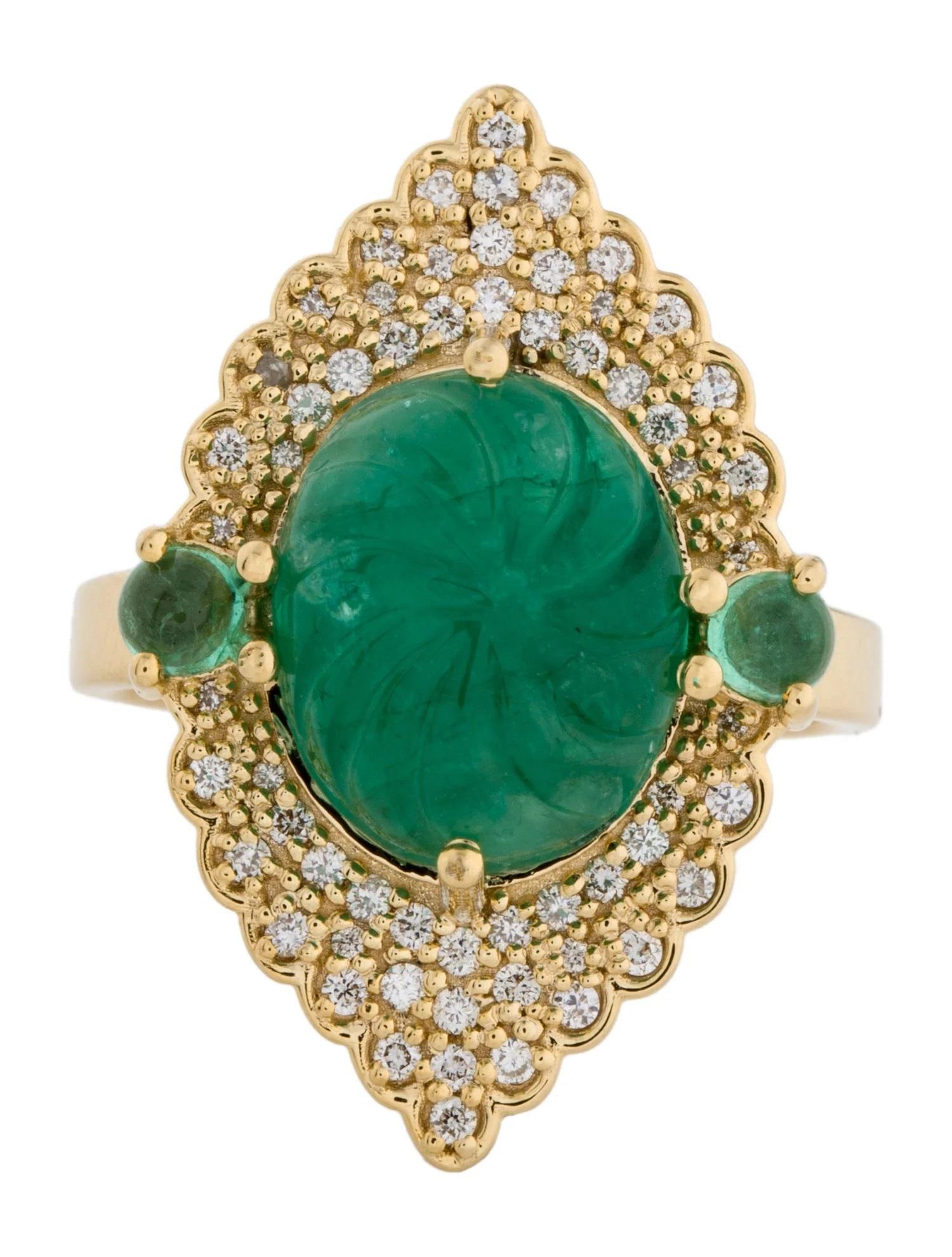 14K Gelbgold Smaragd & Diamant Cocktail-Ring Größe 7  Runde Smaragd-Cabochons (Künstler*in) im Angebot