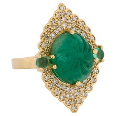 Anillo Cóctel Esmeralda y Diamante Oro Amarillo 14K Talla 7  Cabujones redondos de esmeralda