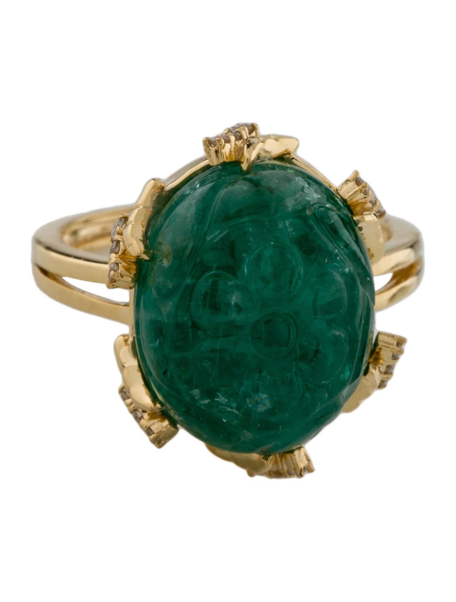 Artist 14K Yellow Gold Emerald & Diamond Cocktail Ring, Size 7.25  Cabochon, Carved For Sale