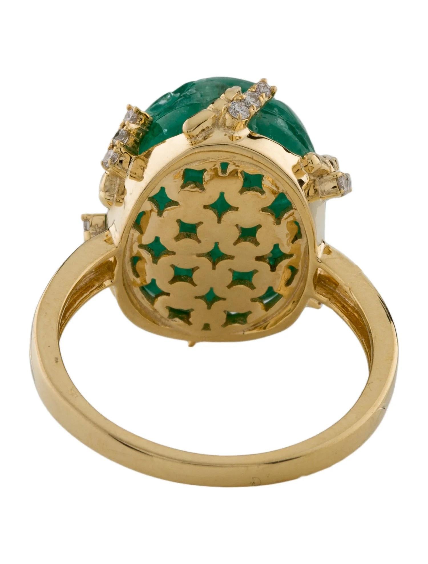 Emerald Cut 14K Yellow Gold Emerald & Diamond Cocktail Ring, Size 7.25  Cabochon, Carved For Sale