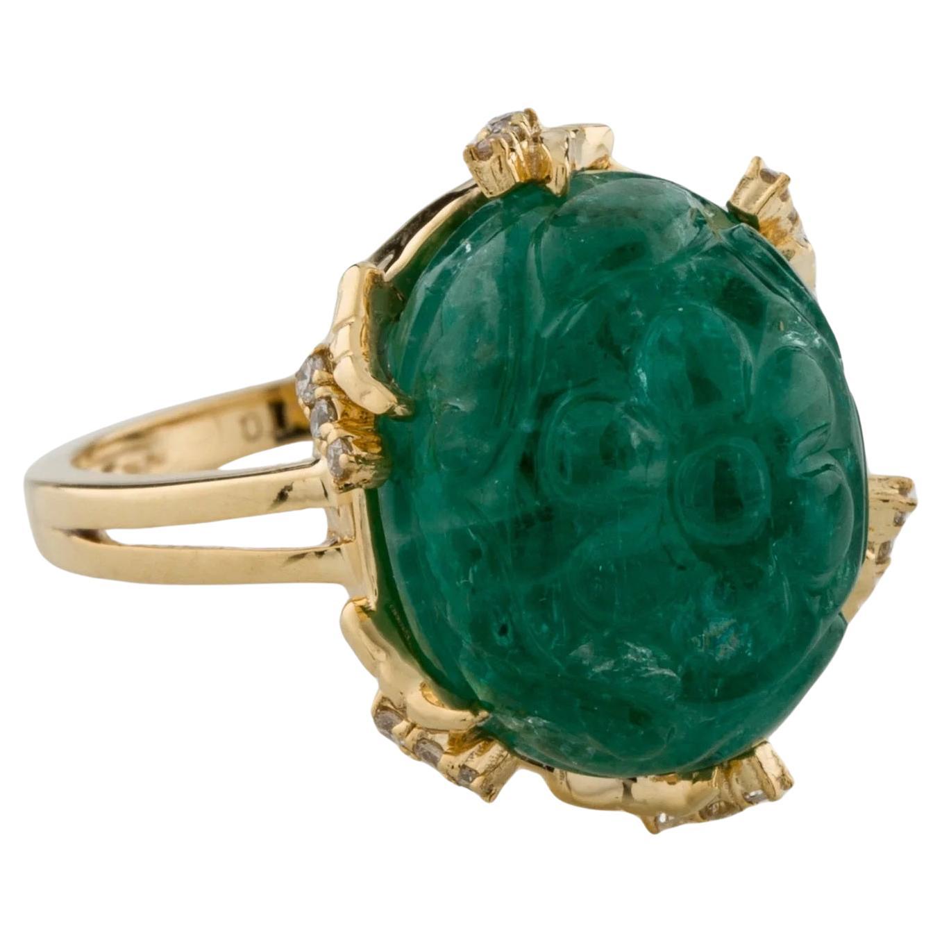 Anillo de cóctel de oro amarillo de 14 quilates con esmeralda y diamantes, talla 7,25  Cabujón, Tallado