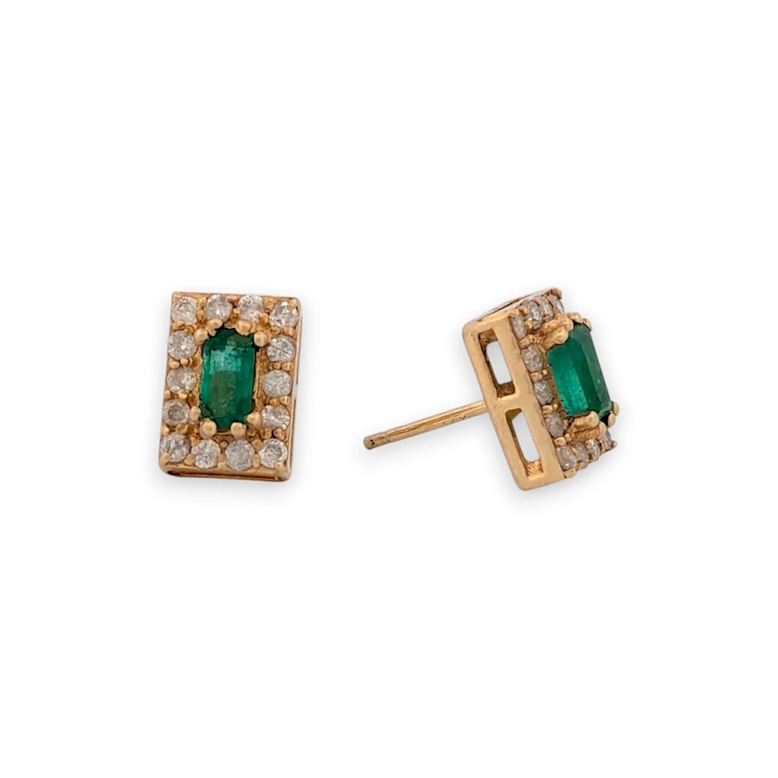 Artisan Autumn  14K Yellow Gold Emerald & Diamond Earrings  .95 CT Emerald Cut For Sale