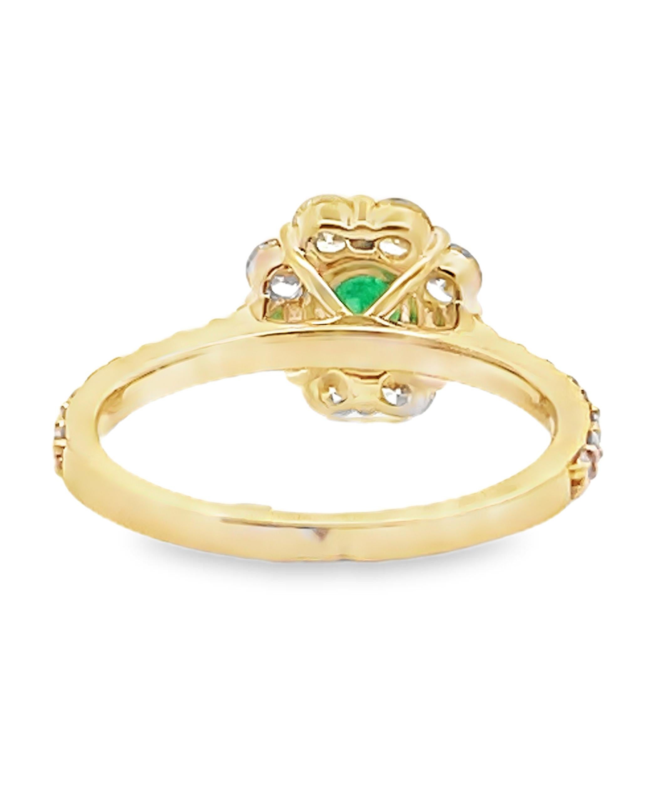 Contemporary 14K Yellow Gold Round Emerald & Diamond Floral Halo Ring For Sale