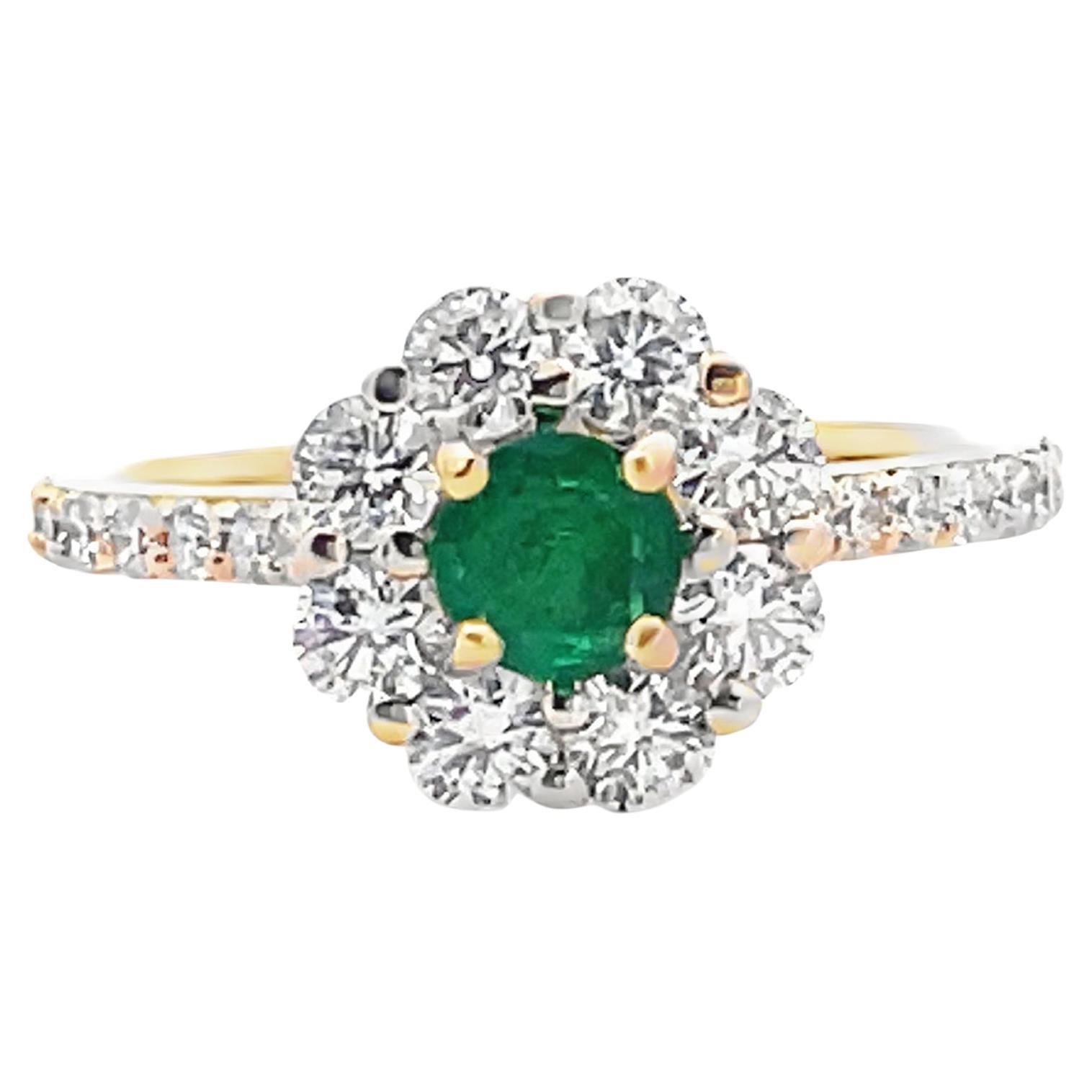 14K Yellow Gold Round Emerald & Diamond Floral Halo Ring