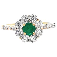 14K Yellow Gold Round Emerald & Diamond Floral Halo Ring