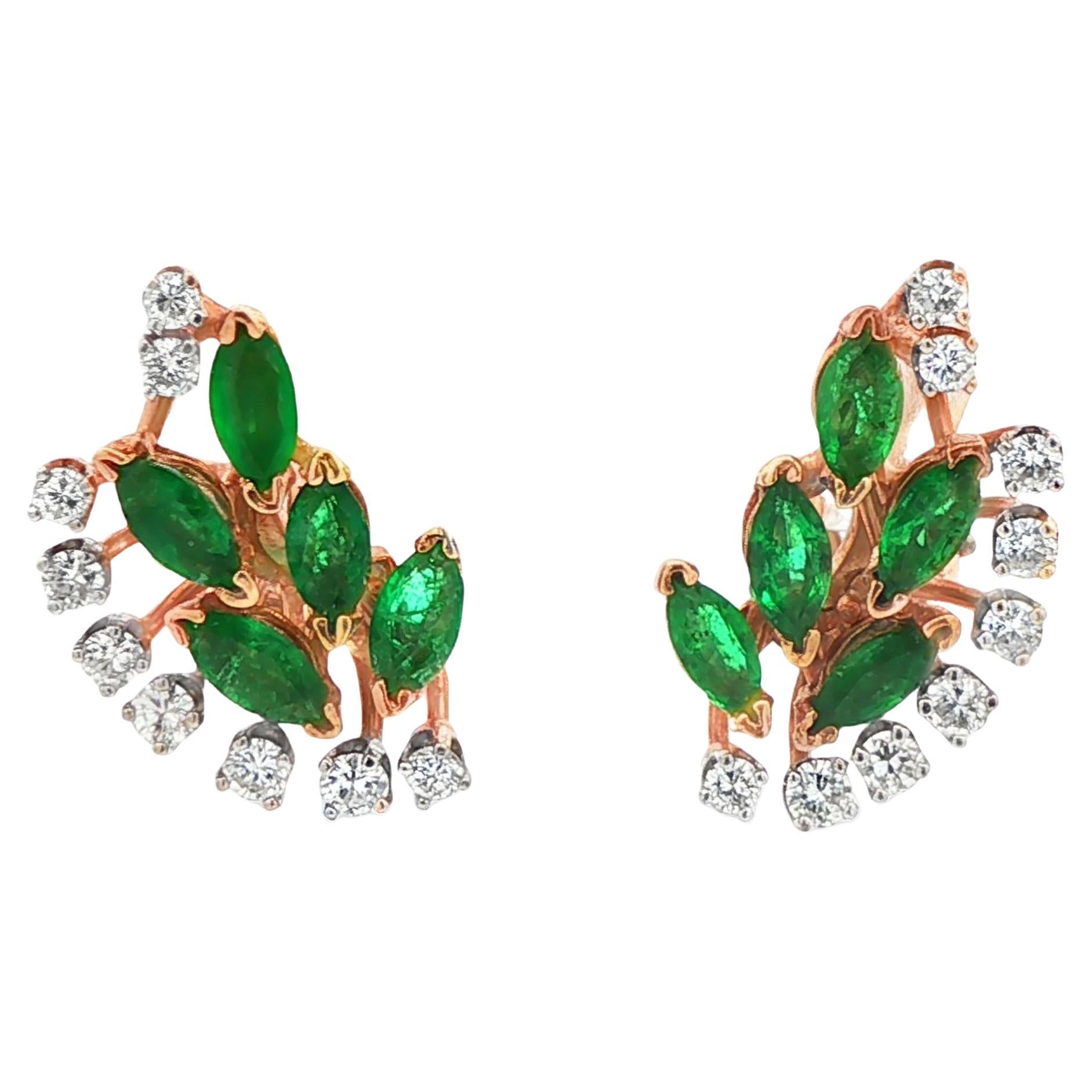 14k Yellow Gold Emerald 
Diamond Flower Earrings