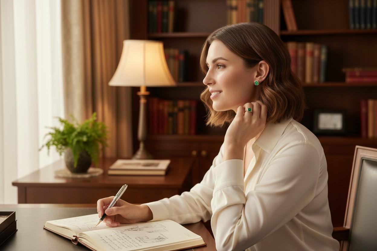 Eleva la tua collezione di gioielli con questi affascinanti orecchini a cerchio in oro giallo 14K, con due smeraldi rotondi abbinati per un totale di 1,15 carati. Ogni smeraldo vibrante è incorniciato da un'elegante aureola a forma di asso di