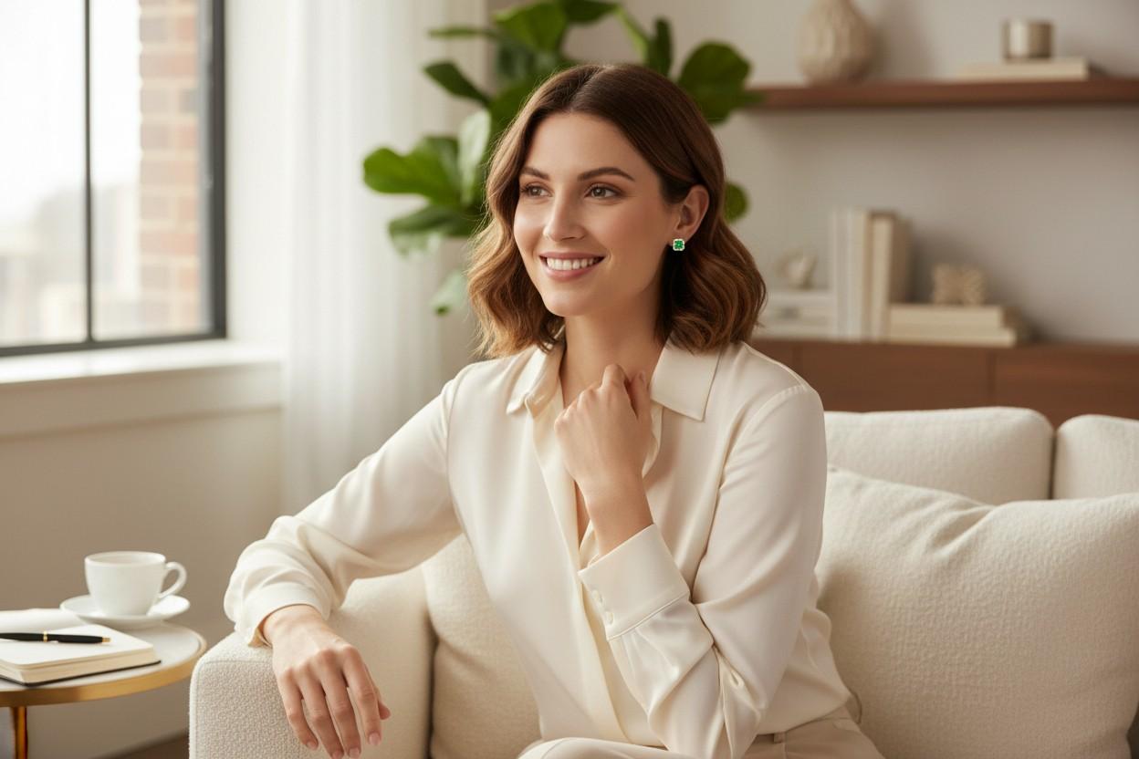 Orecchini a lobo in oro giallo 14K con smeraldo e diamanti ispirati all'Asscher da 0,47 pollici In condizioni Nuovo in vendita a New York, NY