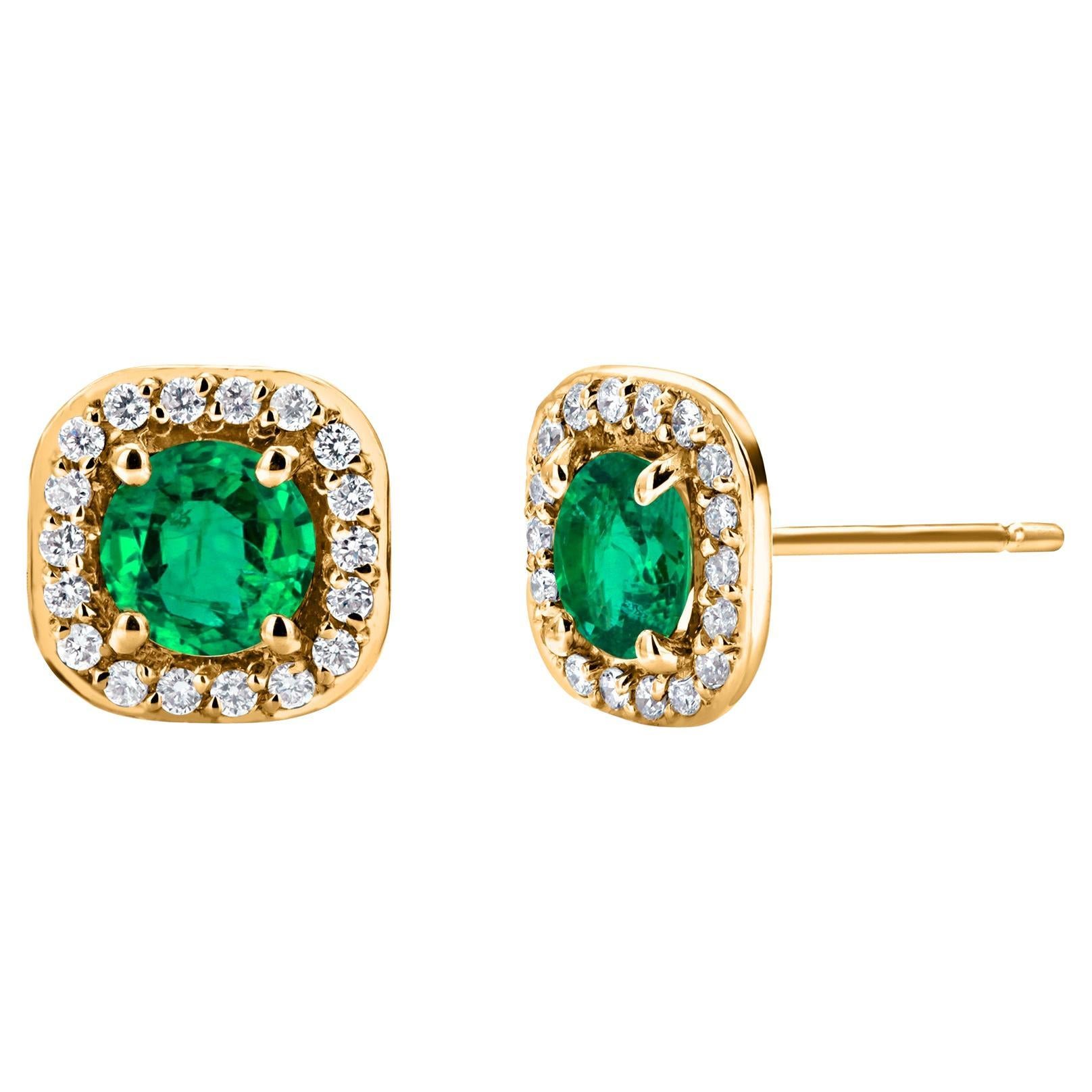 14K Yellow Gold Emerald 
Diamond Halo Earrings Asscher-Inspired 0.47 Inch