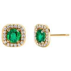 14K Yellow Gold Emerald 
Diamond Halo Earrings Asscher-Inspired 0.47 Inch