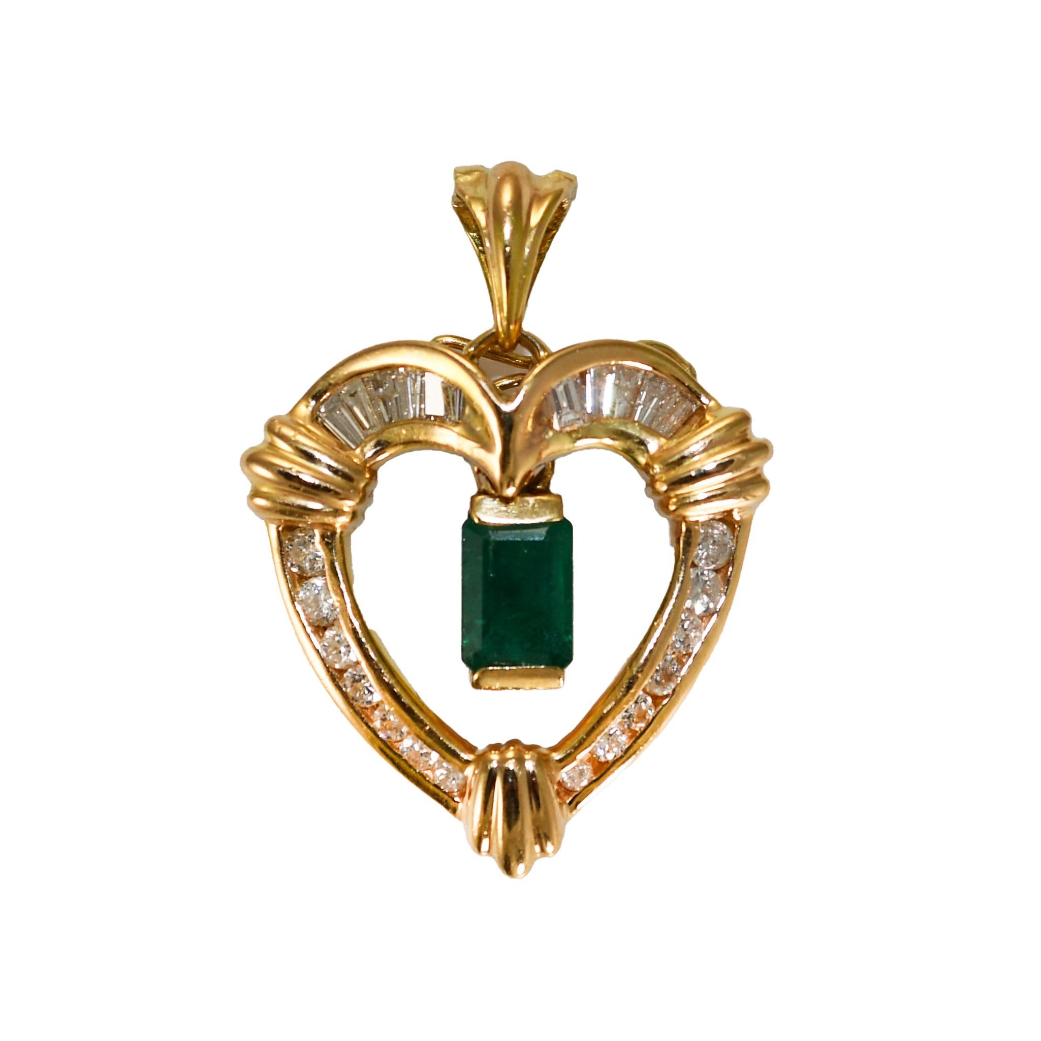 14K Yellow Gold Emerald & Diamond Heart Pendant 4.8g
