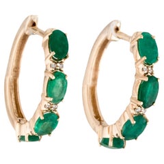 14K Yellow Gold Emerald & Diamond Hoop Earrings