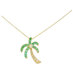 14K Yellow Gold Emerald & Diamond Palm Tree Pendant Necklace In Stock