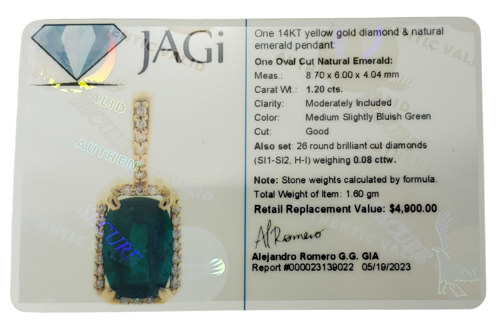 14K Yellow Gold Emerald & Diamond Pendant Necklace #15606 JAGi Certified 4