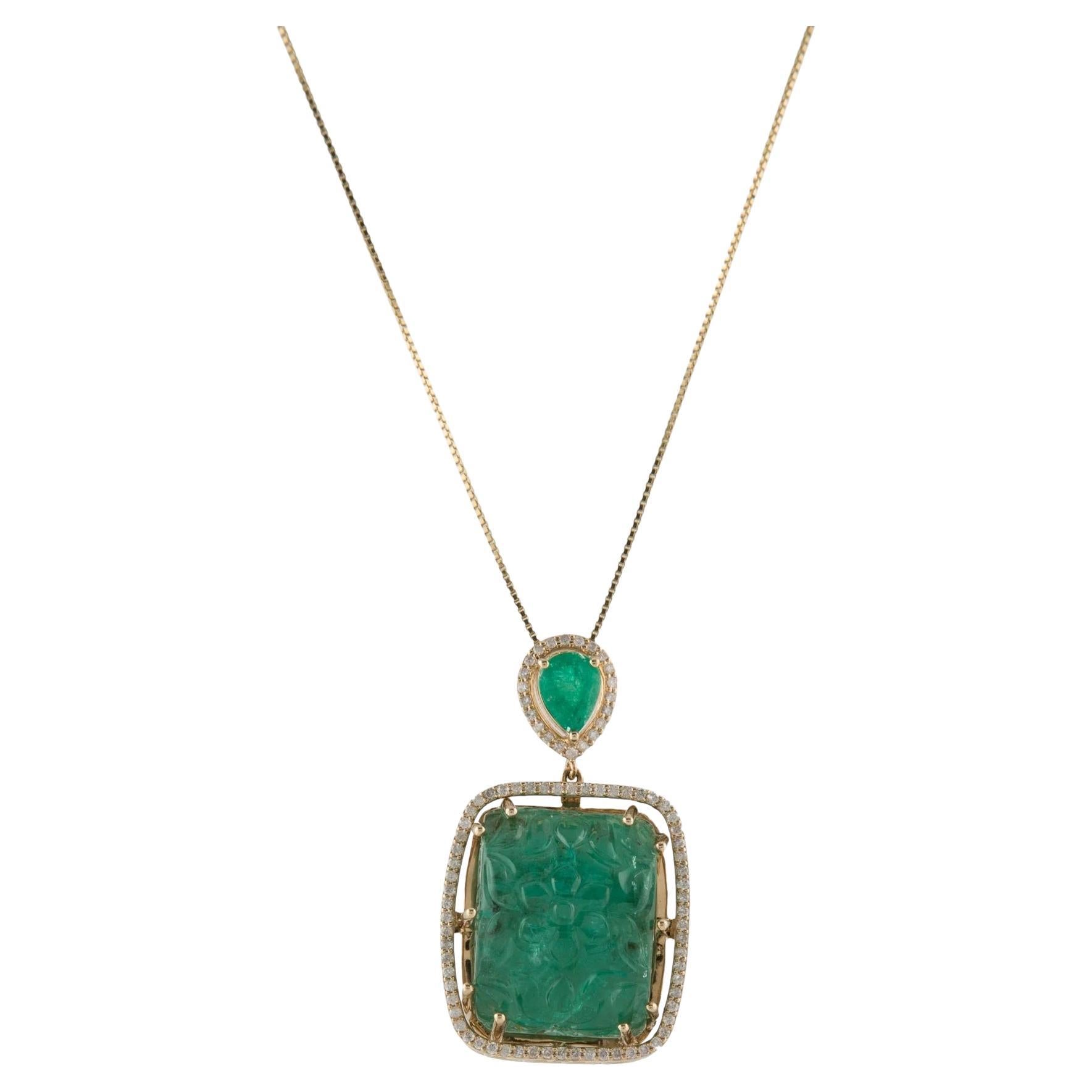 14K Yellow Gold Emerald & Diamond Pendant Necklace Featuring 0.98 Carat Pear Mod