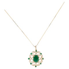 14K Yellow Gold Emerald & Diamond Pendant Necklace  Round Brilliant Emerald