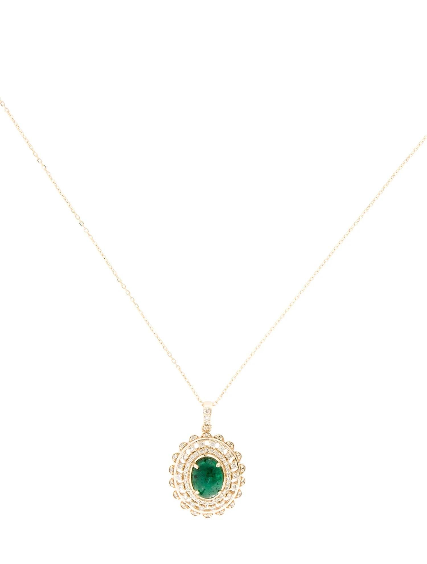 Oval Cut 14K Yellow Gold Emerald & Diamond Pendant Necklace with Oval Cabochon Center Eme For Sale