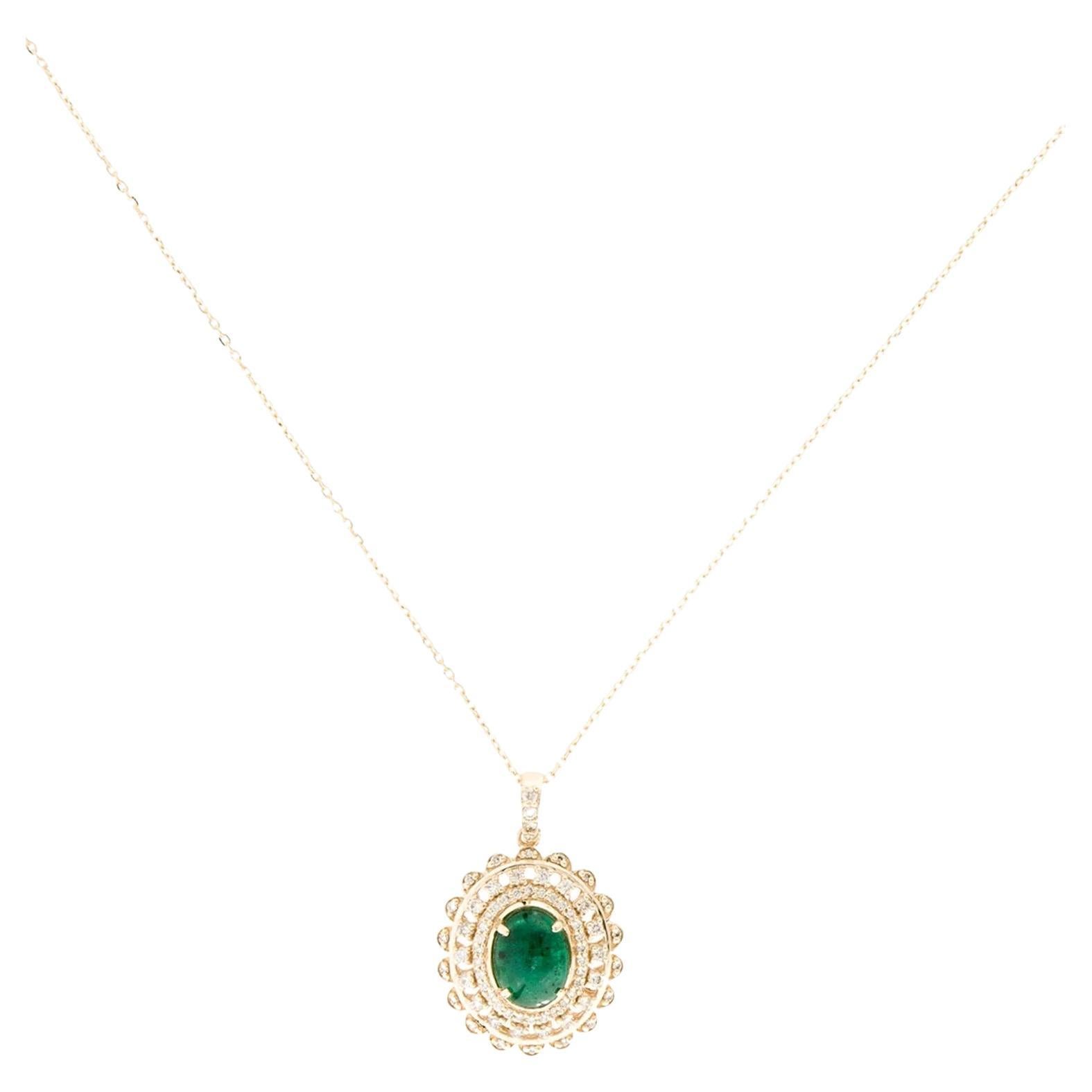 14K Yellow Gold Emerald & Diamond Pendant Necklace with Oval Cabochon Center Eme For Sale