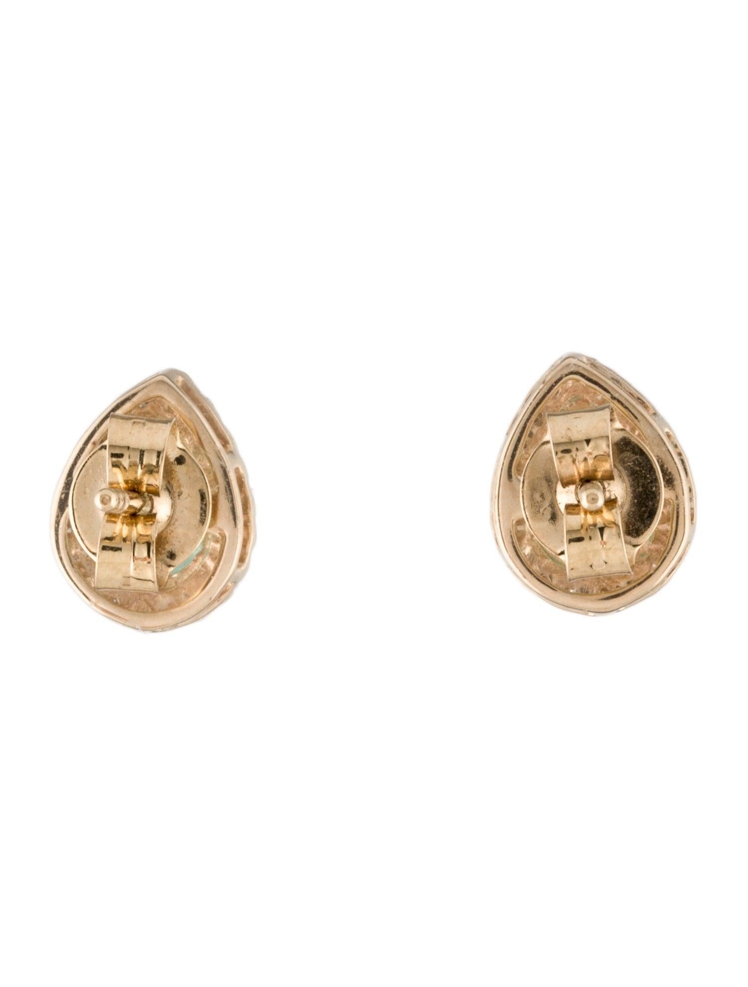 Pear Cut 14K Yellow Gold Emerald & Diamond Stud Earrings, 1.30ct Pear-Shaped Emeralds For Sale