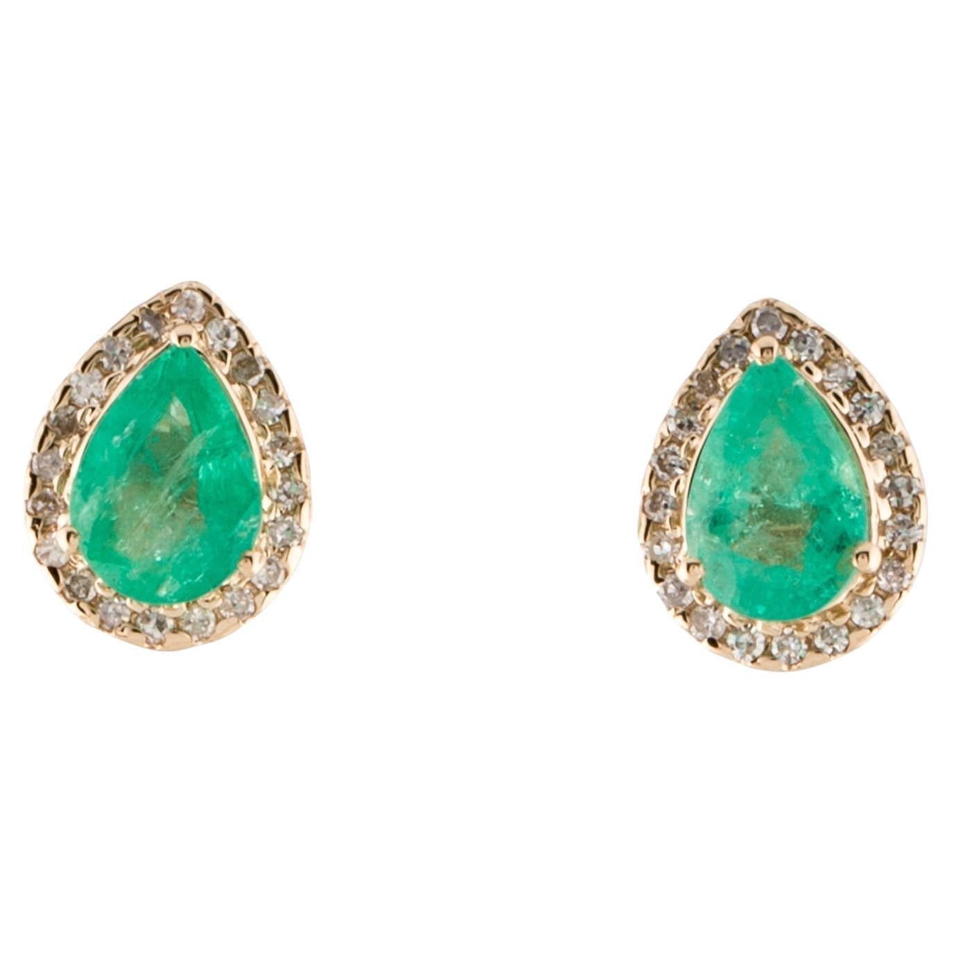 14K Yellow Gold Emerald & Diamond Stud Earrings, 1.30ct Pear-Shaped Emeralds For Sale