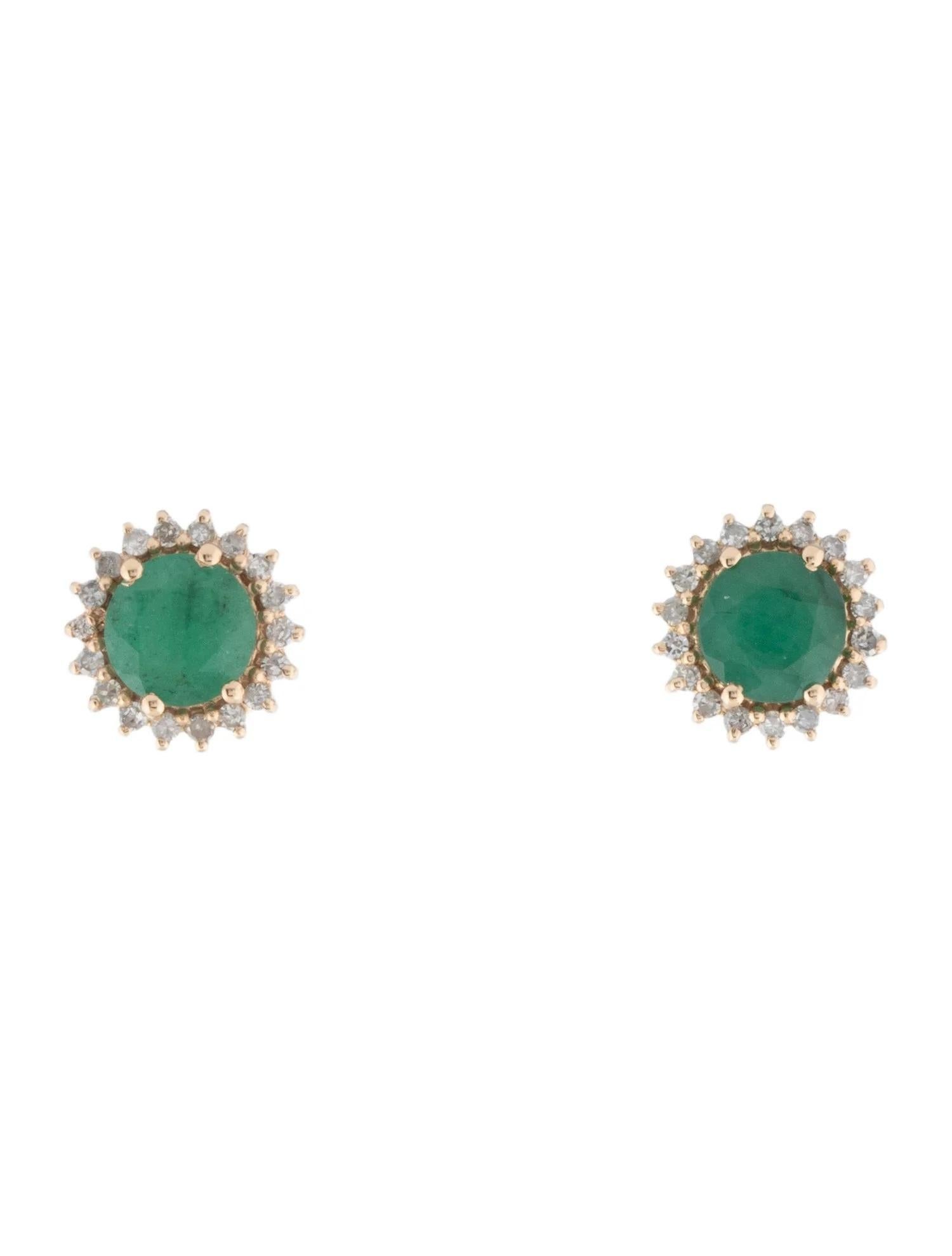 Round Cut 14K Yellow Gold Emerald & Diamond Stud Earrings, Round Brilliant Emeralds For Sale