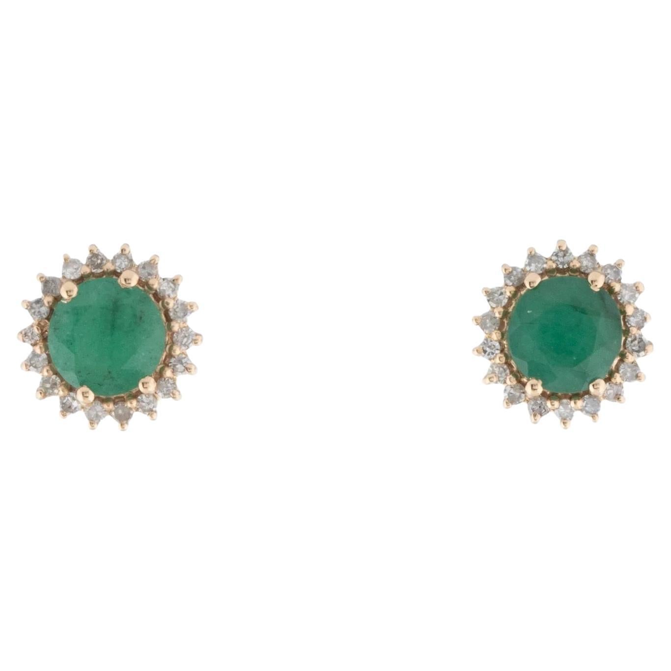 14K Yellow Gold Emerald & Diamond Stud Earrings, Round Brilliant Emeralds
