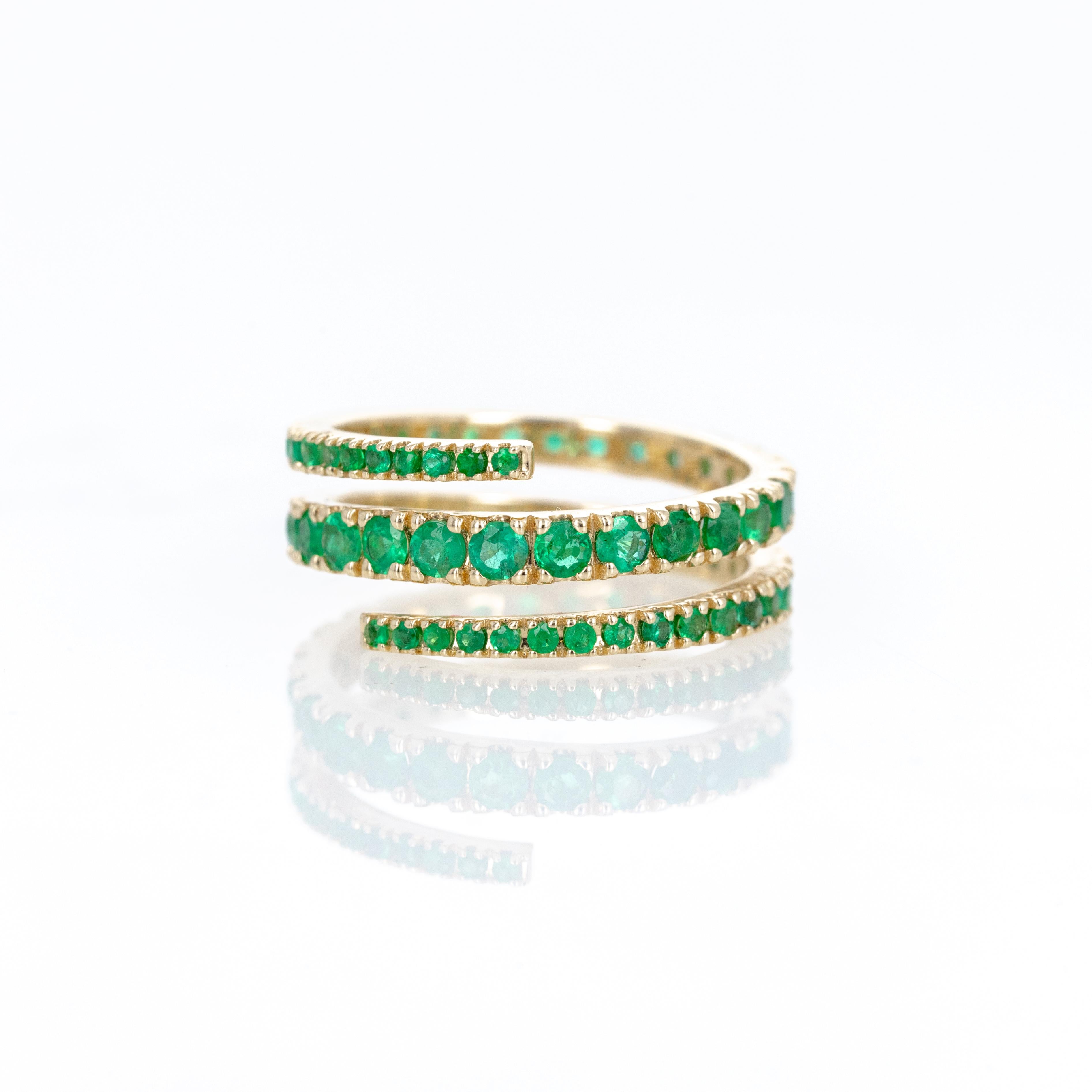 Women's or Men's 14K Yellow Gold Emerald Eternity Wrap Ring For Sale
