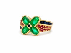 14K Yellow Gold Emerald Flower Cluster Ring with Sapphire and Ruby Accents Ring