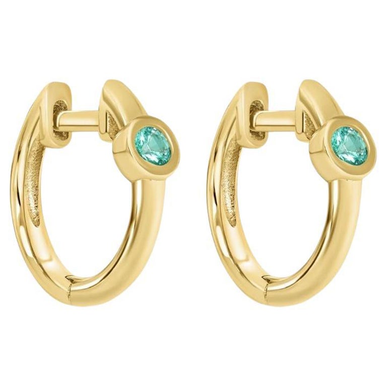 14K Yellow Gold Emerald Gemstone Huggie Hoop Earrings, Shlomit Rogel For Sale