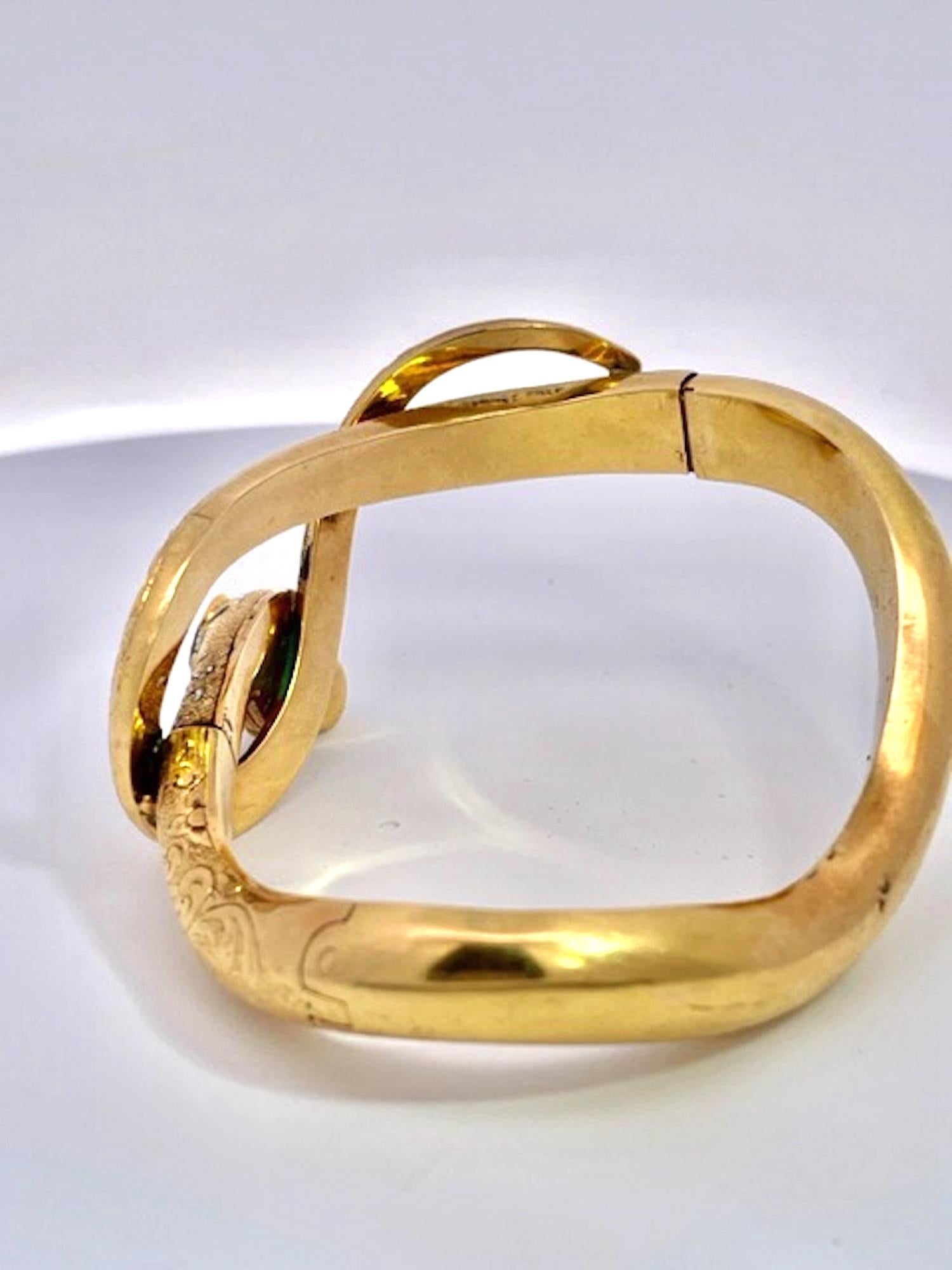 14K Yellow Gold Emerald Head Chased Snake Bracelet For Sale 3