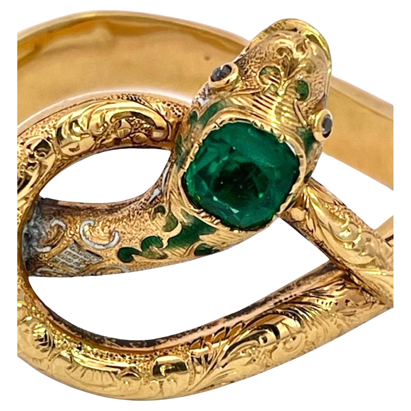 14K Yellow Gold Emerald Head Chased Snake Bracelet For Sale