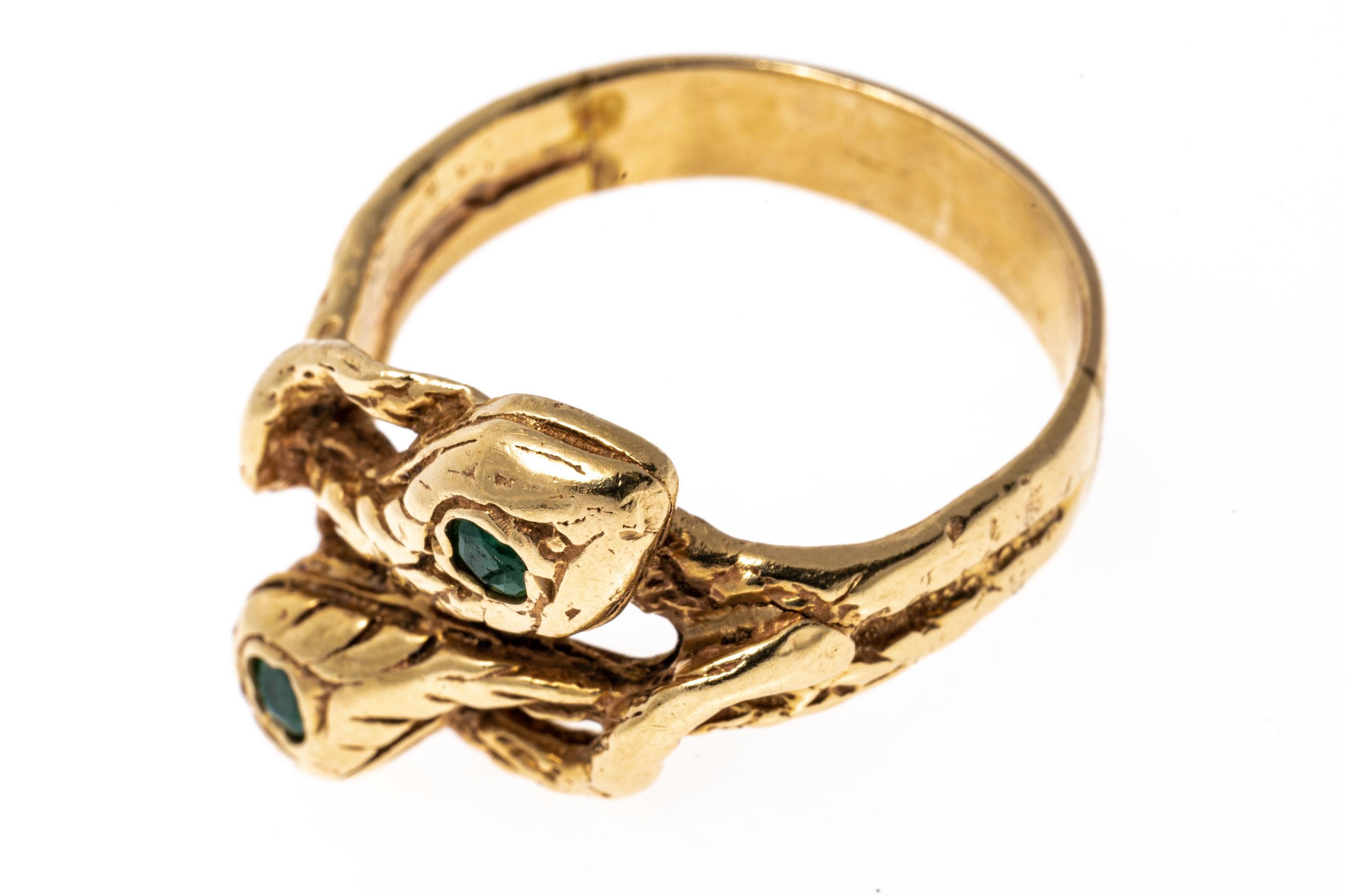 Retro 14k Yellow Gold Emerald Intertwining Patterned Serpent Motif Ring