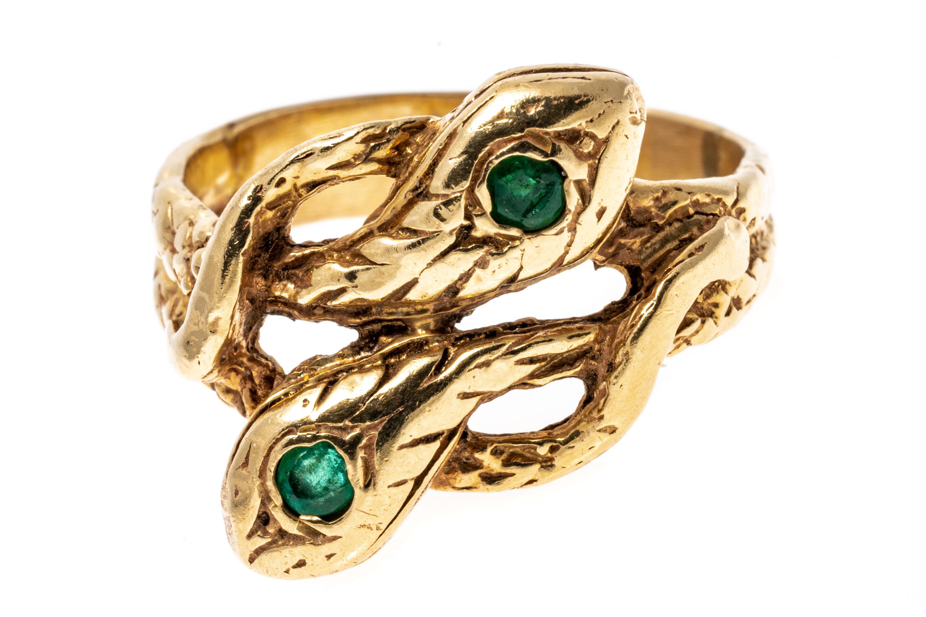 14k Yellow Gold Emerald Intertwining Patterned Serpent Motif Ring 3
