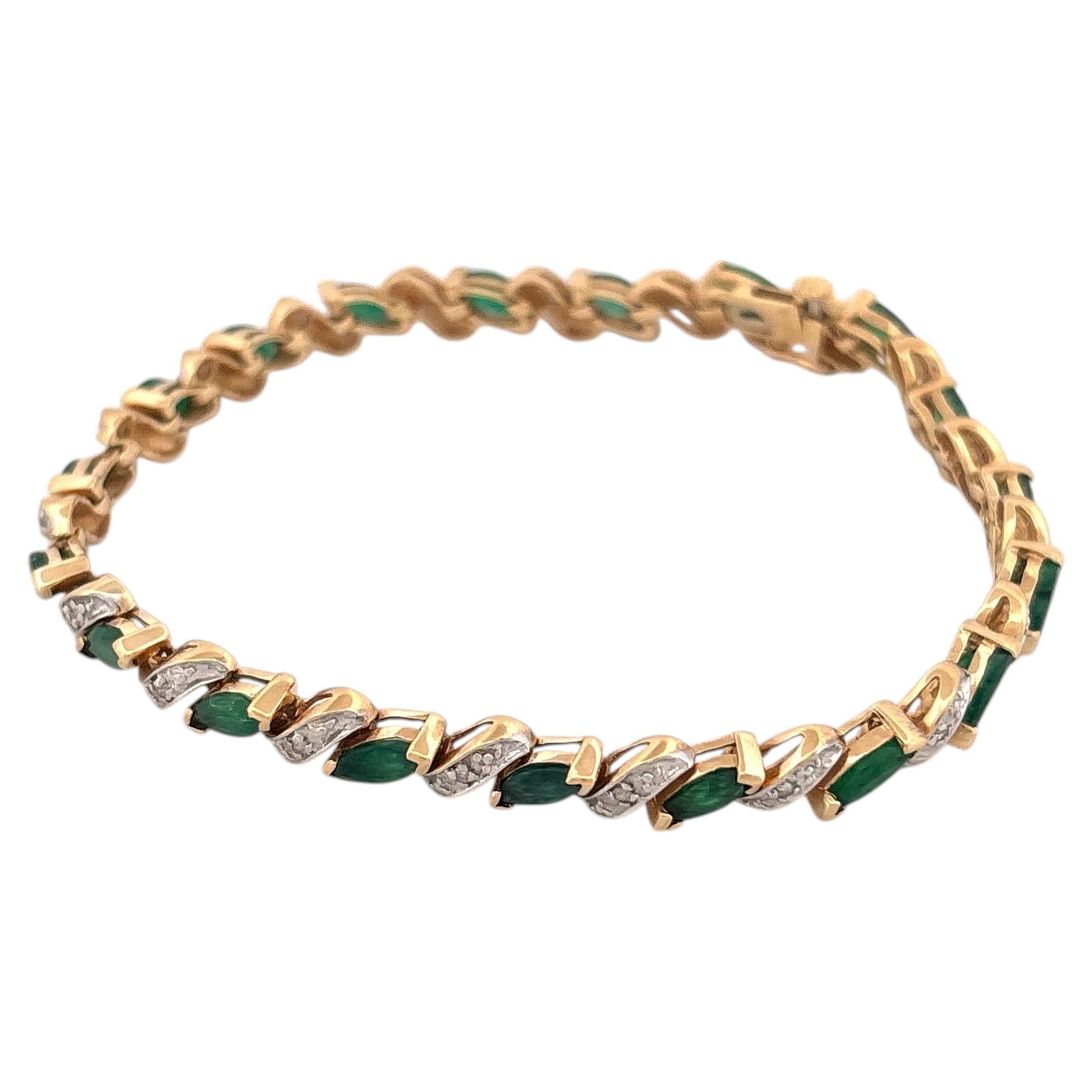 14K Yellow Gold Emerald Marquise 2.85ct and Diamond 0.095ct Tennis Bracelet